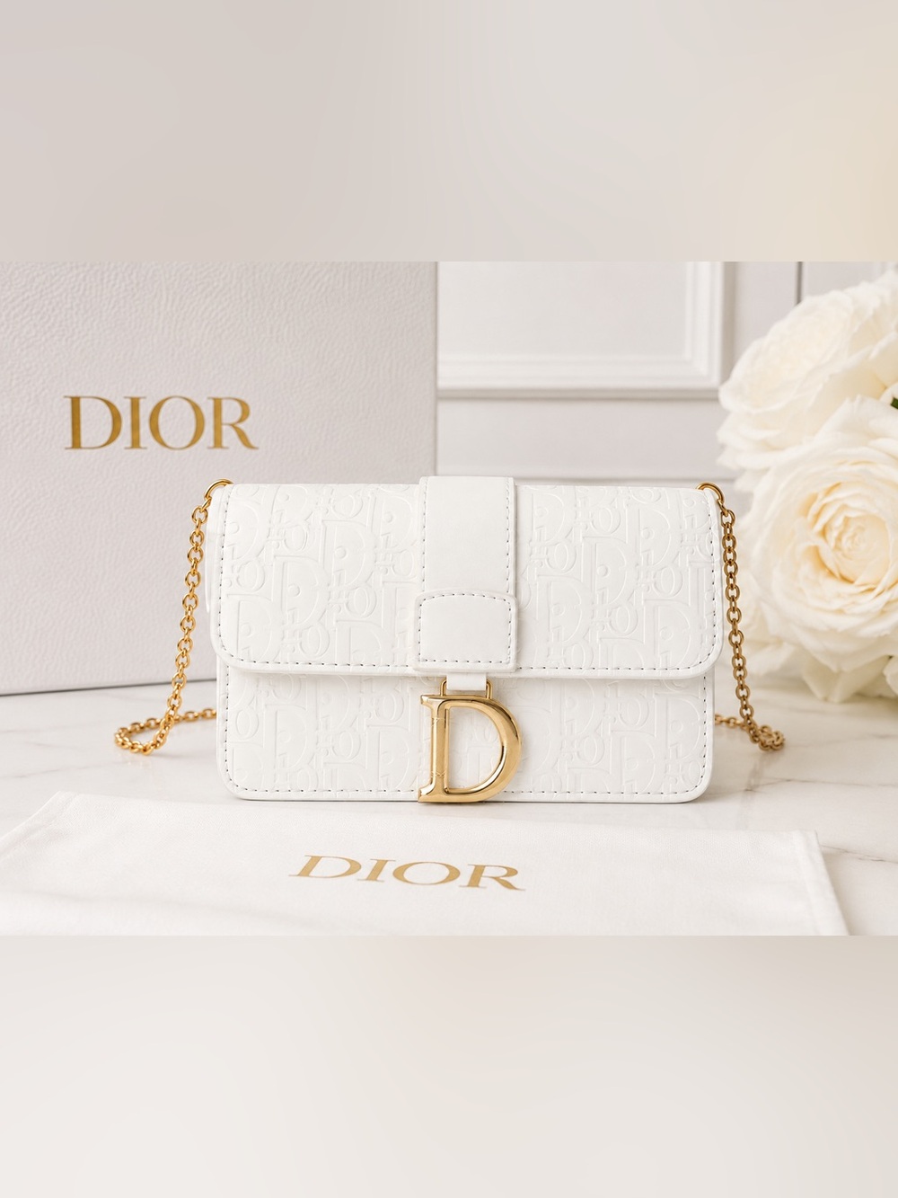 Luxury White Embossed Leather Shoulder Bag with Gold 'D' Hardware